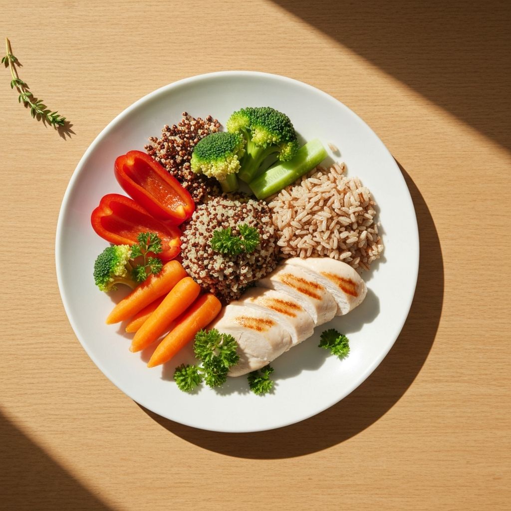 Ausgewogener Teller mit verschiedenen Lebensmittelkategorien angeordnet