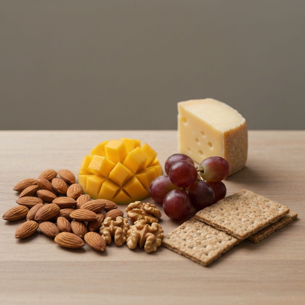 Einfache Snacks wie Nüsse, Früchte und Käse auf einem Teller